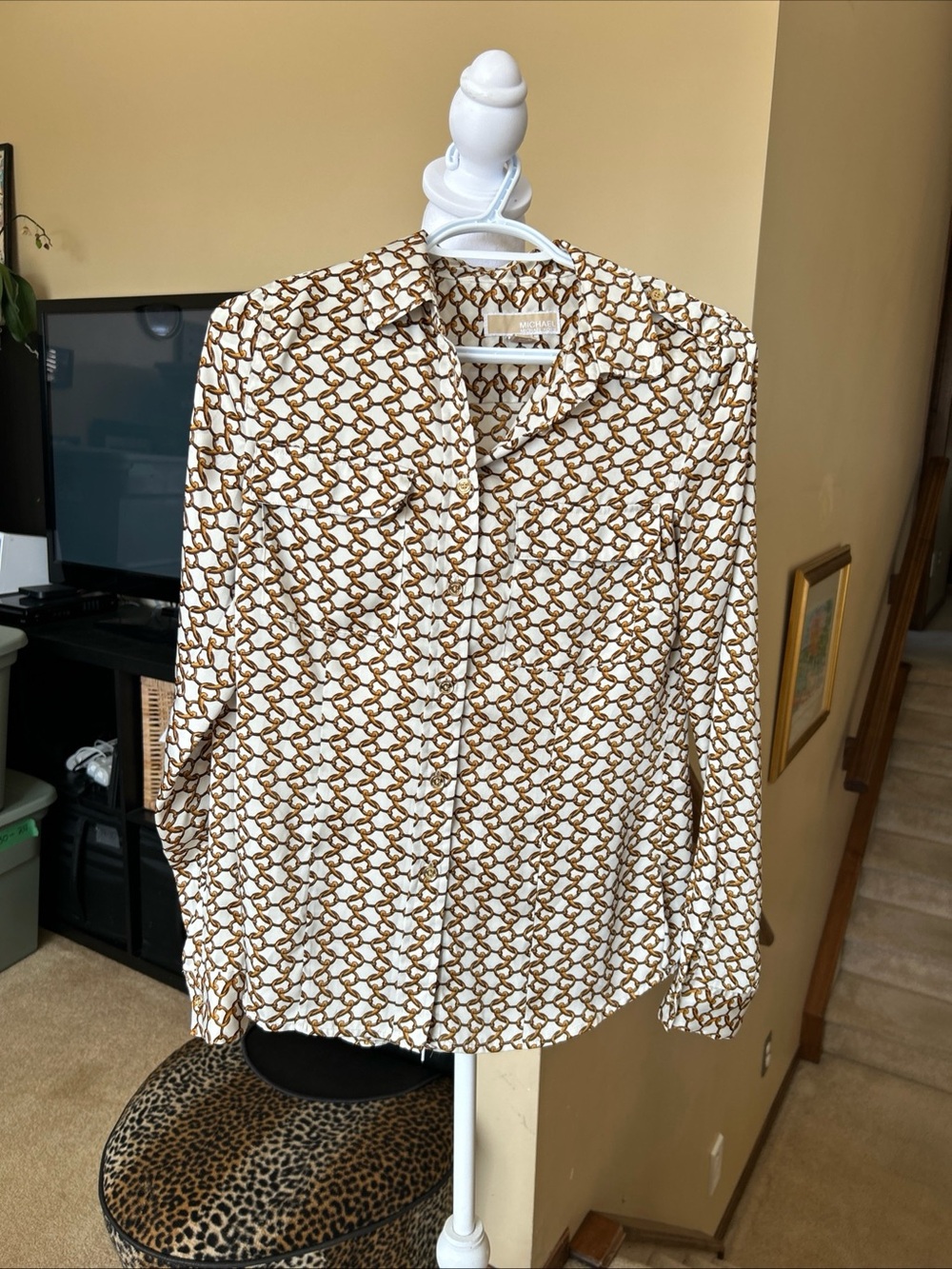 MICHAEL Michael Kors White and Gold Chain-Print Button-Down Shirt